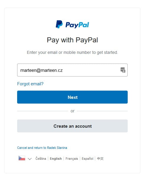 Úvodní okno PayPal - volba mezi již existujícím nebo novým uživatelem