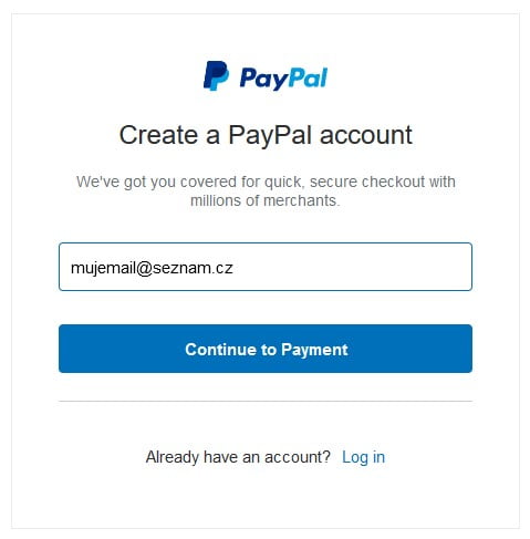 Proces vytvoření nového účtu/provedení platby kartou - zadání Vašeho emailu