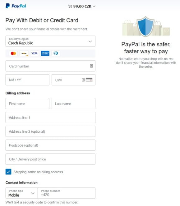 PayPal - vyplnění údajů o kartě a uživateli