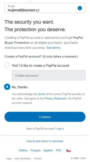 PayPal - volba zda vytvořit účet či nikoliv