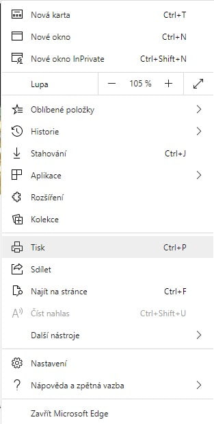 Z menu prohlížeče Microsoft Edge zvolíme Tisk